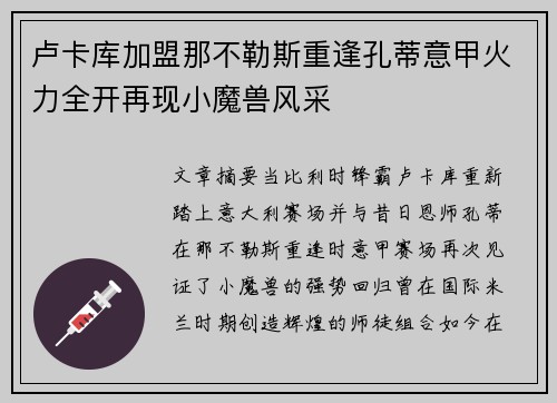 卢卡库加盟那不勒斯重逢孔蒂意甲火力全开再现小魔兽风采 卢卡库加盟那不勒斯重逢孔蒂意甲火力全开再现小魔兽风采