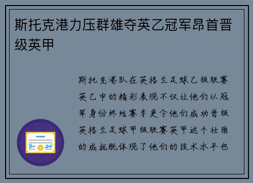 斯托克港力压群雄夺英乙冠军昂首晋级英甲 斯托克港力压群雄夺英乙冠军昂首晋级英甲